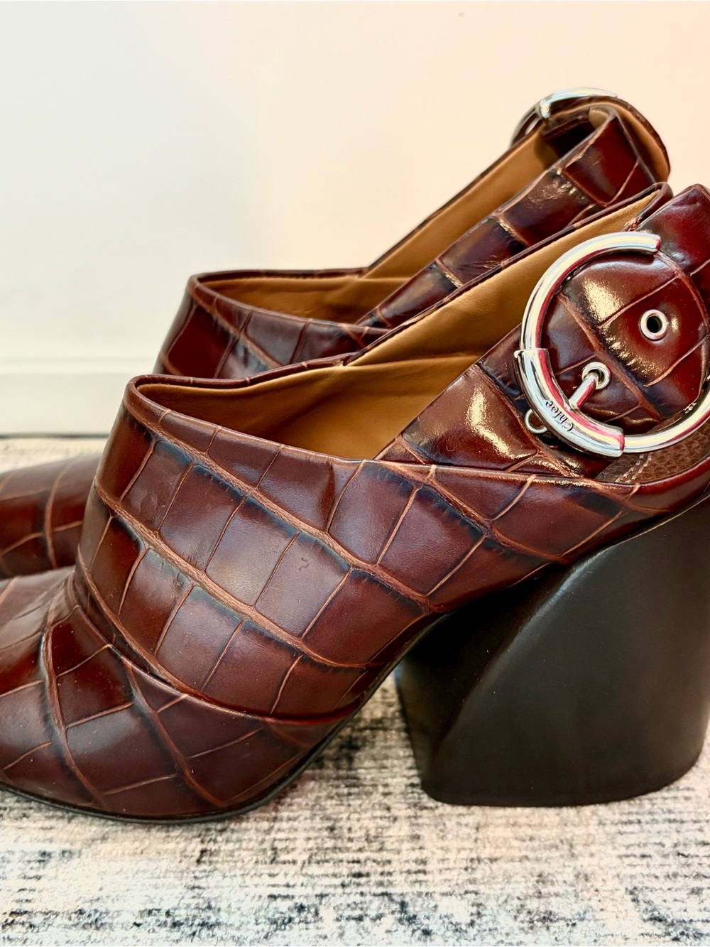Chloe Brown Croc-Embossed Leather Block Heel Mules with Silver Buckle Accent